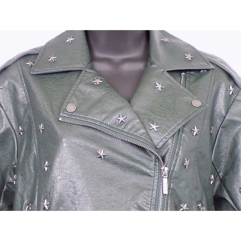 Faux Leather Jacket Dark Green Women Size XS Collection b Star Studded NWT - Picture 2 of 10